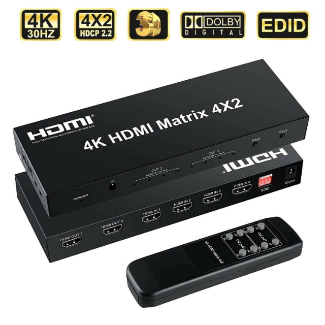 Matrix HDMI 4x2 4K2K com audio P2 e Toslink Duplo-HDMX4X2-N